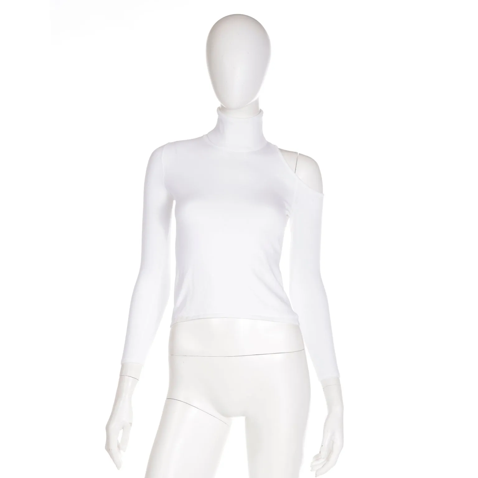 2010s Versace White Stretch Knit T Neck Top With Shoulder Cut Out