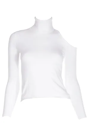 2010s Versace White Stretch Knit T Neck Top With Shoulder Cut Out