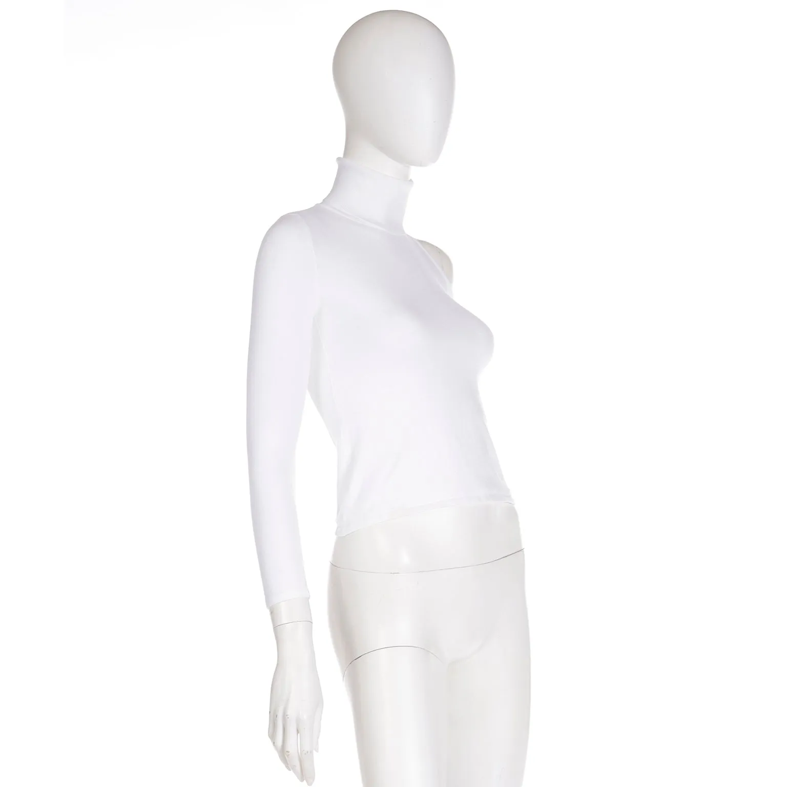 2010s Versace White Stretch Knit T Neck Top With Shoulder Cut Out