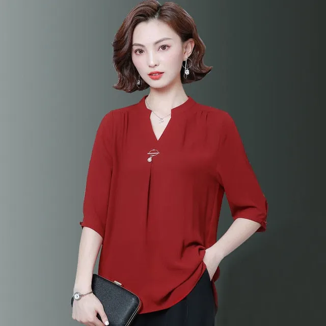 2021 Oversize Women Spring Summer Style Chiffon Blouses Half Sleeve V-Neck Loose Style Sizes L - 5XL