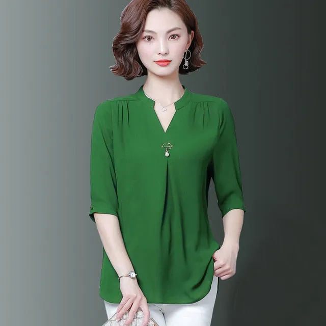 2021 Oversize Women Spring Summer Style Chiffon Blouses Half Sleeve V-Neck Loose Style Sizes L - 5XL