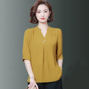 2021 Oversize Women Spring Summer Style Chiffon Blouses Half Sleeve V-Neck Loose Style Sizes L - 5XL