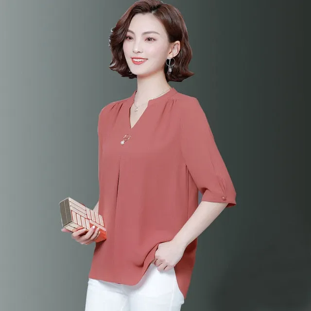 2021 Oversize Women Spring Summer Style Chiffon Blouses Half Sleeve V-Neck Loose Style Sizes L - 5XL