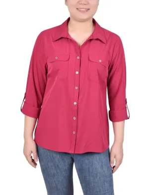 3/4 Roll Tab Blouse With Pockets - Petite