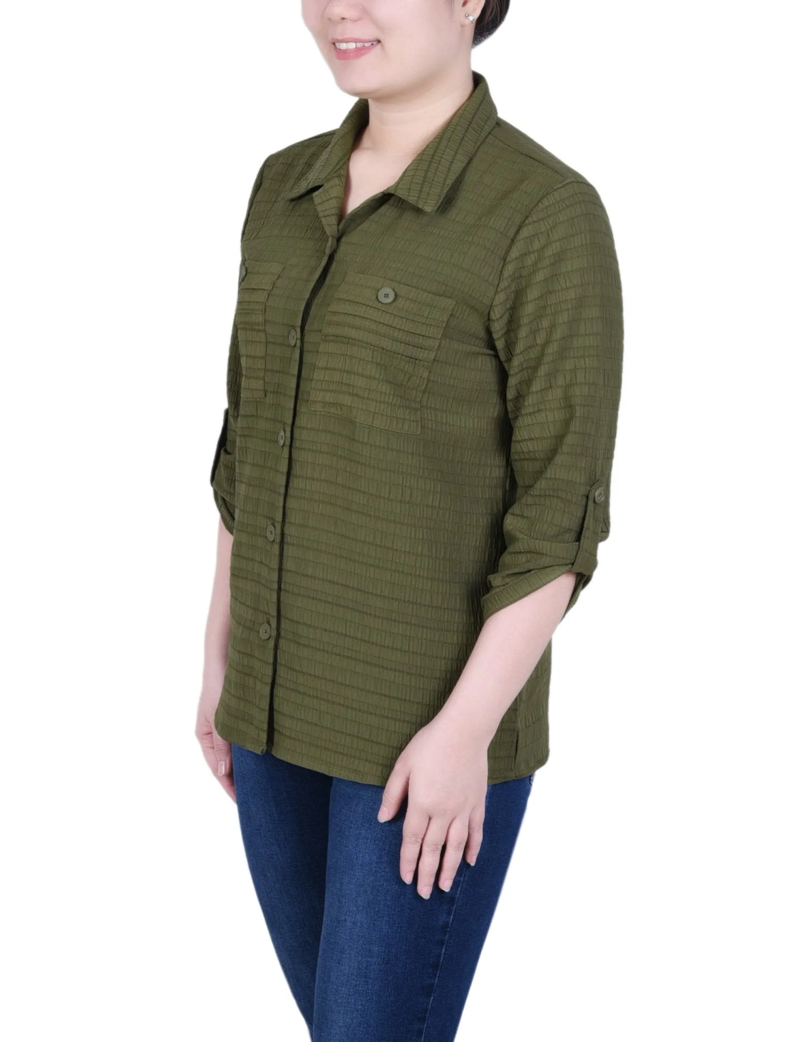 3/4 Sleeve Woven Jacquard Blouse - Petite