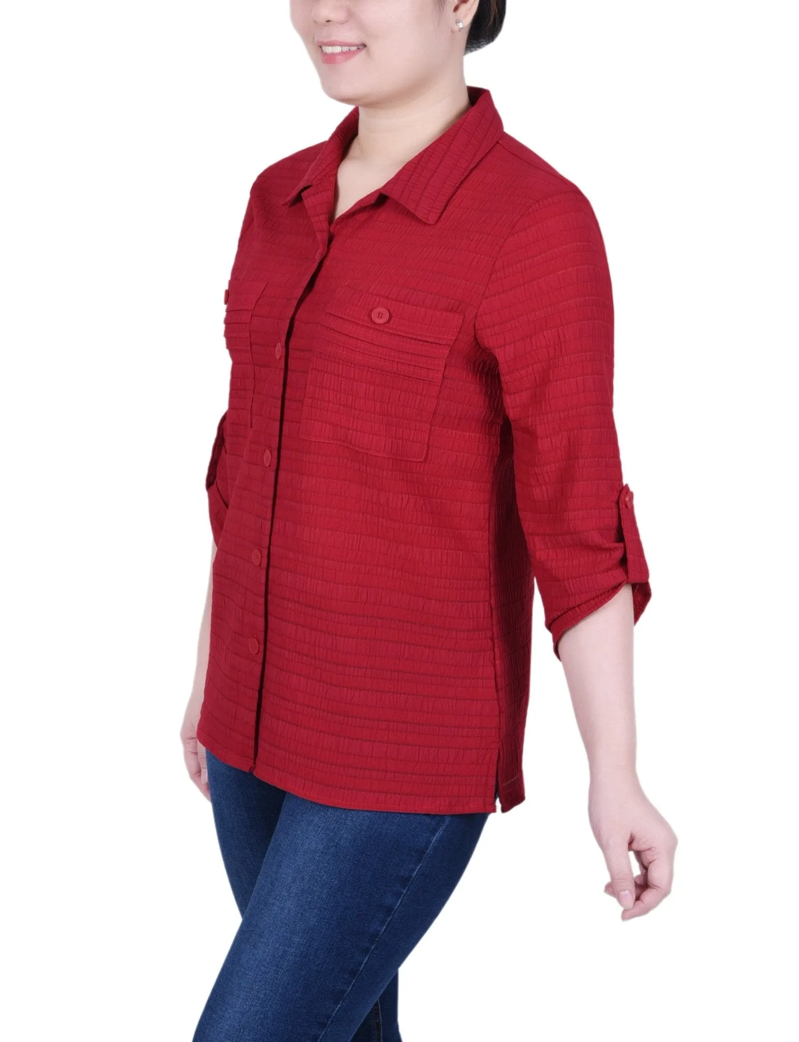 3/4 Sleeve Woven Jacquard Blouse - Petite