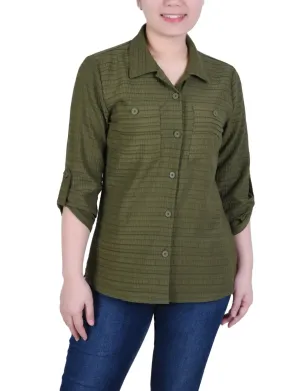 3/4 Sleeve Woven Jacquard Blouse - Petite