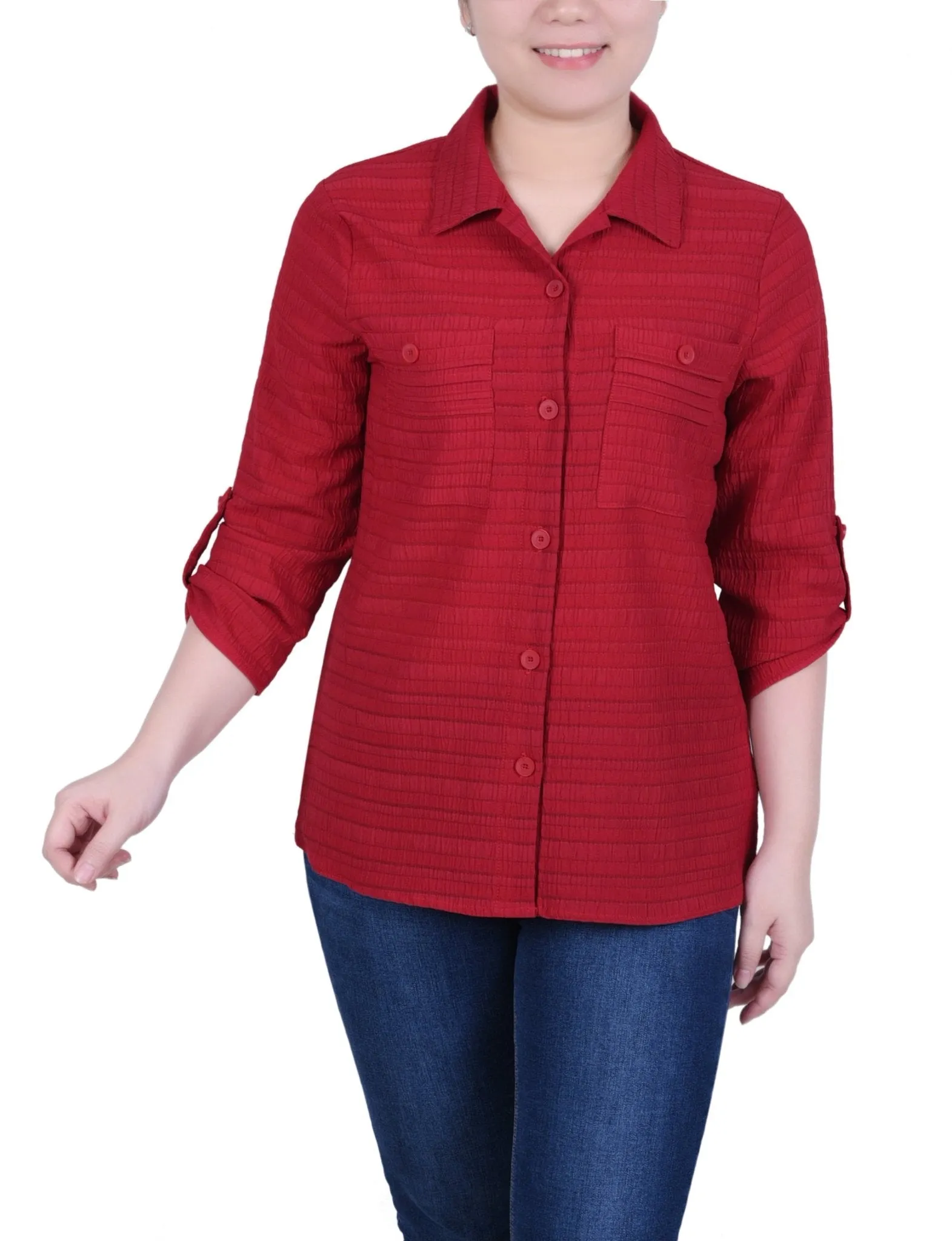 3/4 Sleeve Woven Jacquard Blouse - Petite