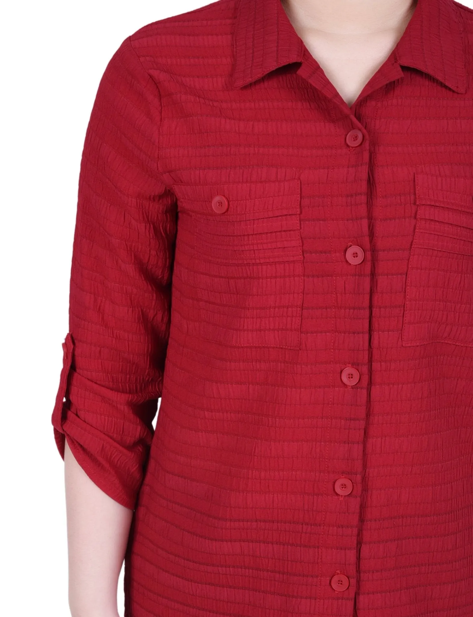 3/4 Sleeve Woven Jacquard Blouse - Petite