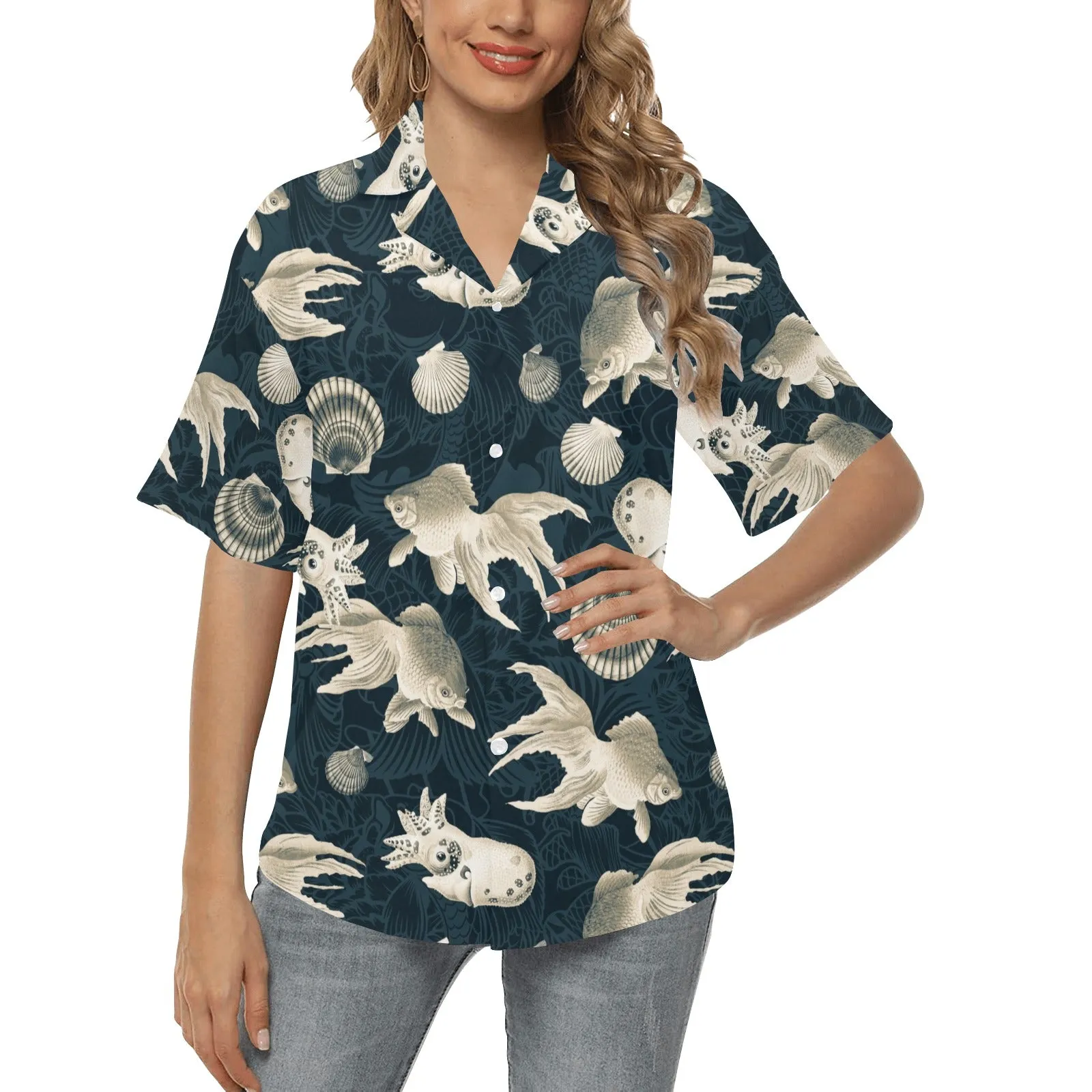 aqua world print 10 All Over Print Hawaiian Shirt for Women (Model T58)