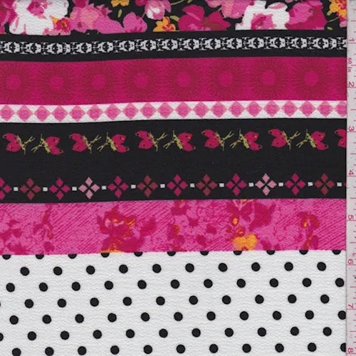 Black/Pink/White Dot/Floral Stripe Pebble Crepe Fabric