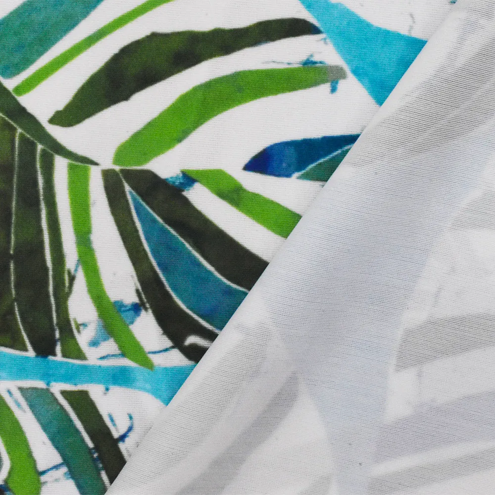 Blue-Green-White Leaves Printed Stretch poly Tricot Knit Swimwear Fabric