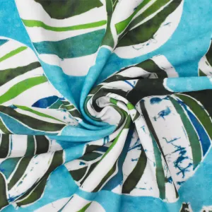 Blue-Green-White Leaves Printed Stretch poly Tricot Knit Swimwear Fabric