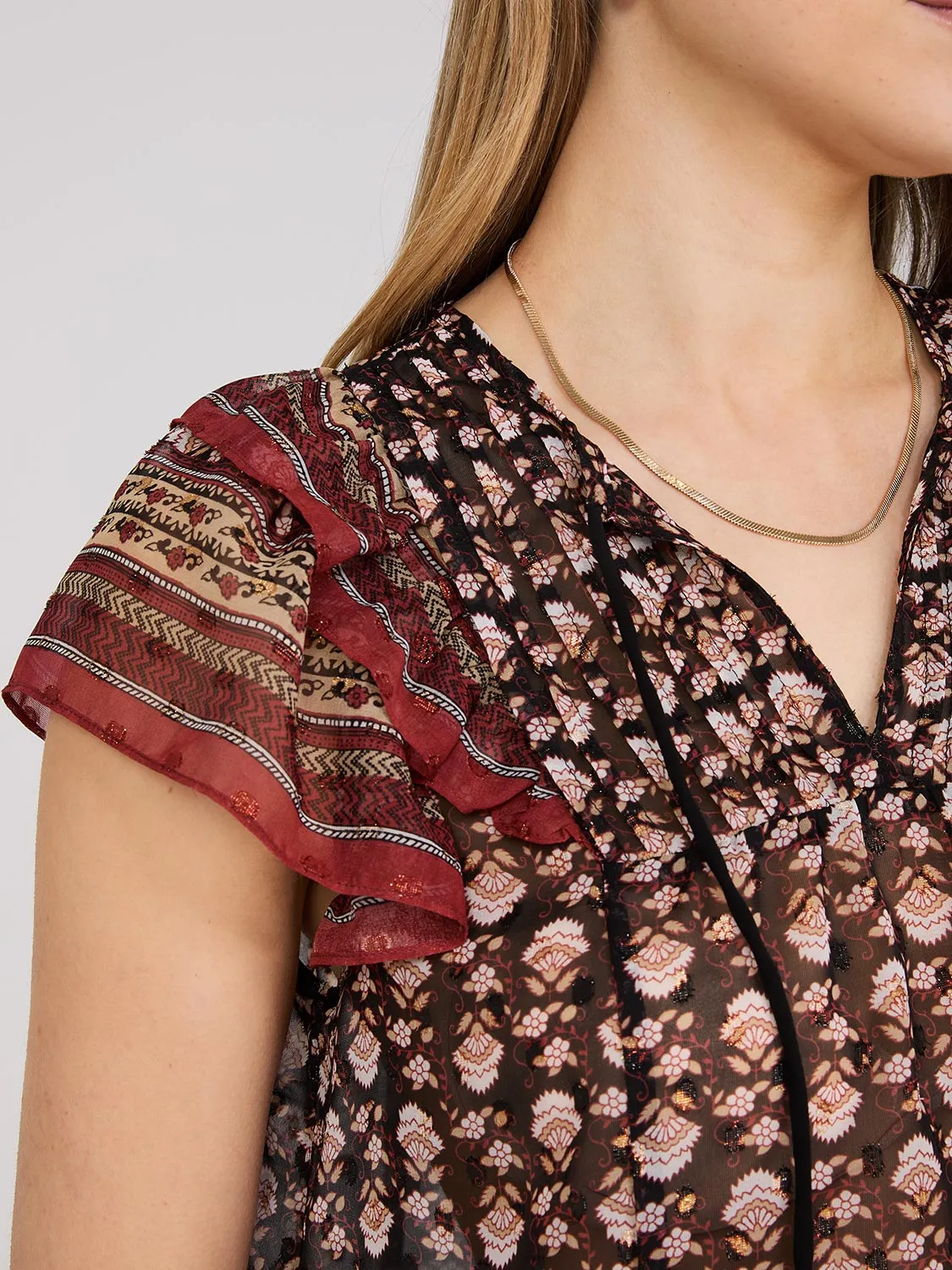 Border Print Textured Chiffon Top