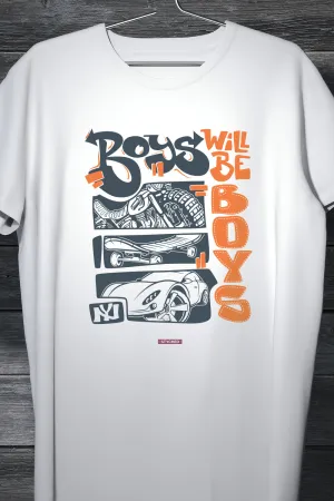 Boys will be Boys - Graffiti style printed casual white round neck tshirt