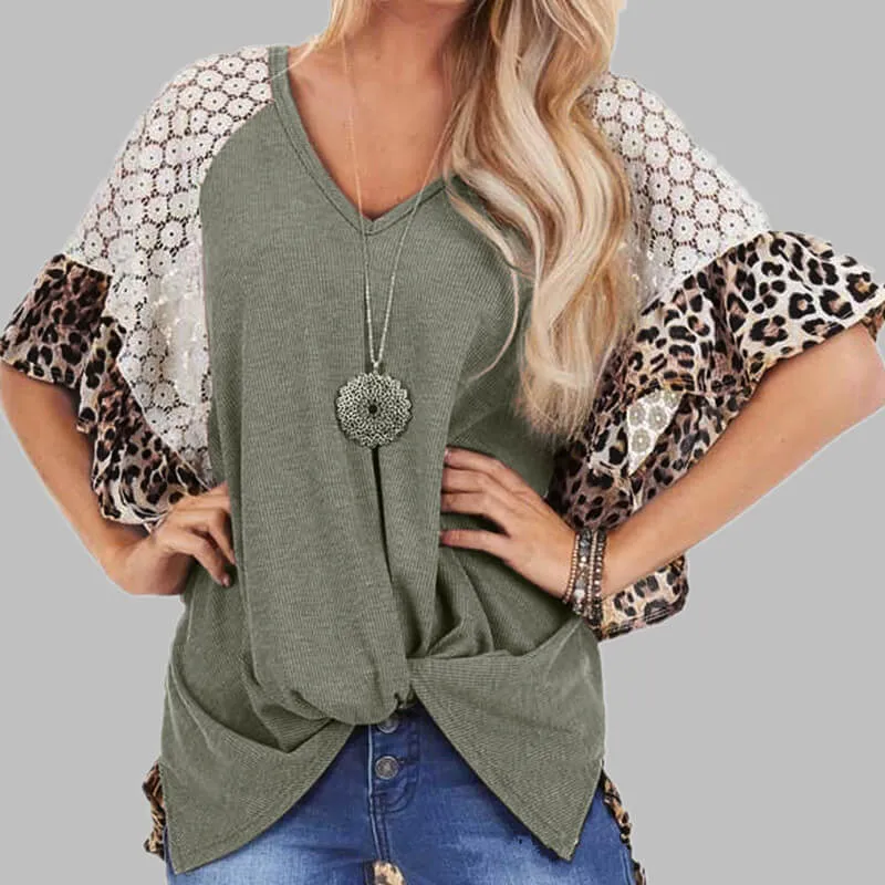 Casual Leopard Lace Patchwork Wide Sleeve T-shirts