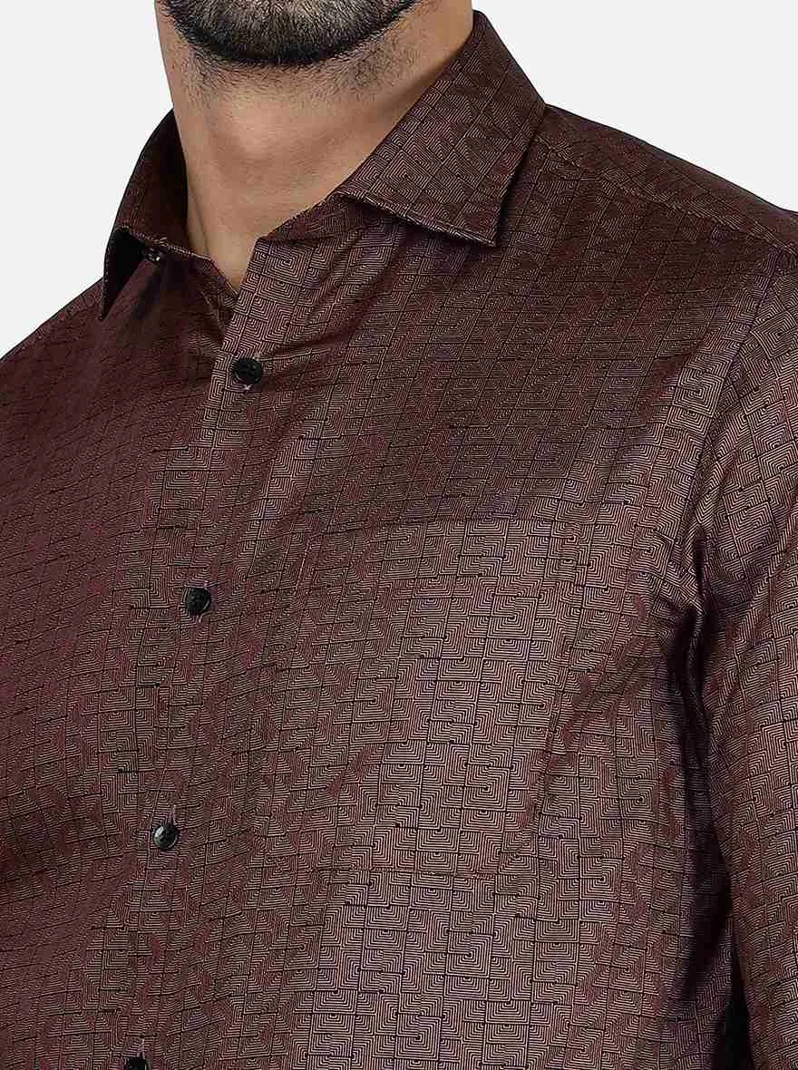 Copper Brown Printed Slim Fit Formal Shirt | Metal