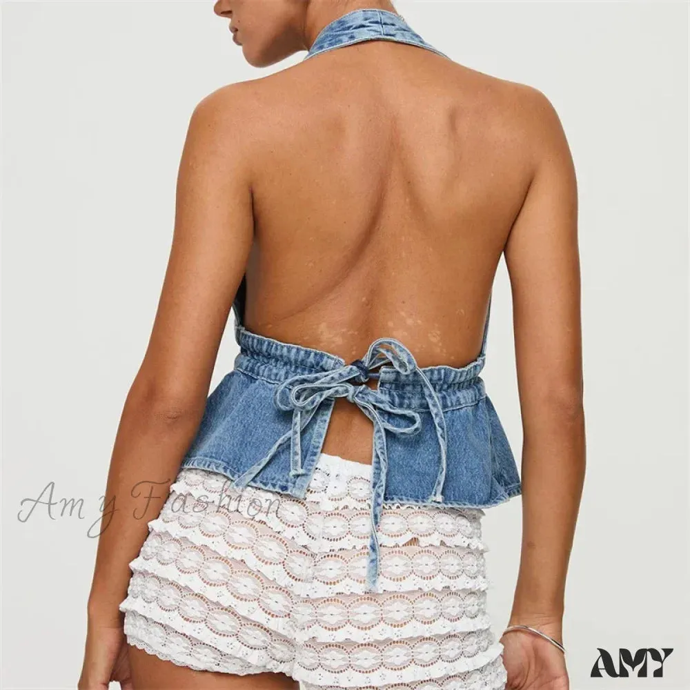 Denim Solid Color V Neck Sleeveless Backless Bandage Vest Jeans Streetwear Crop Top