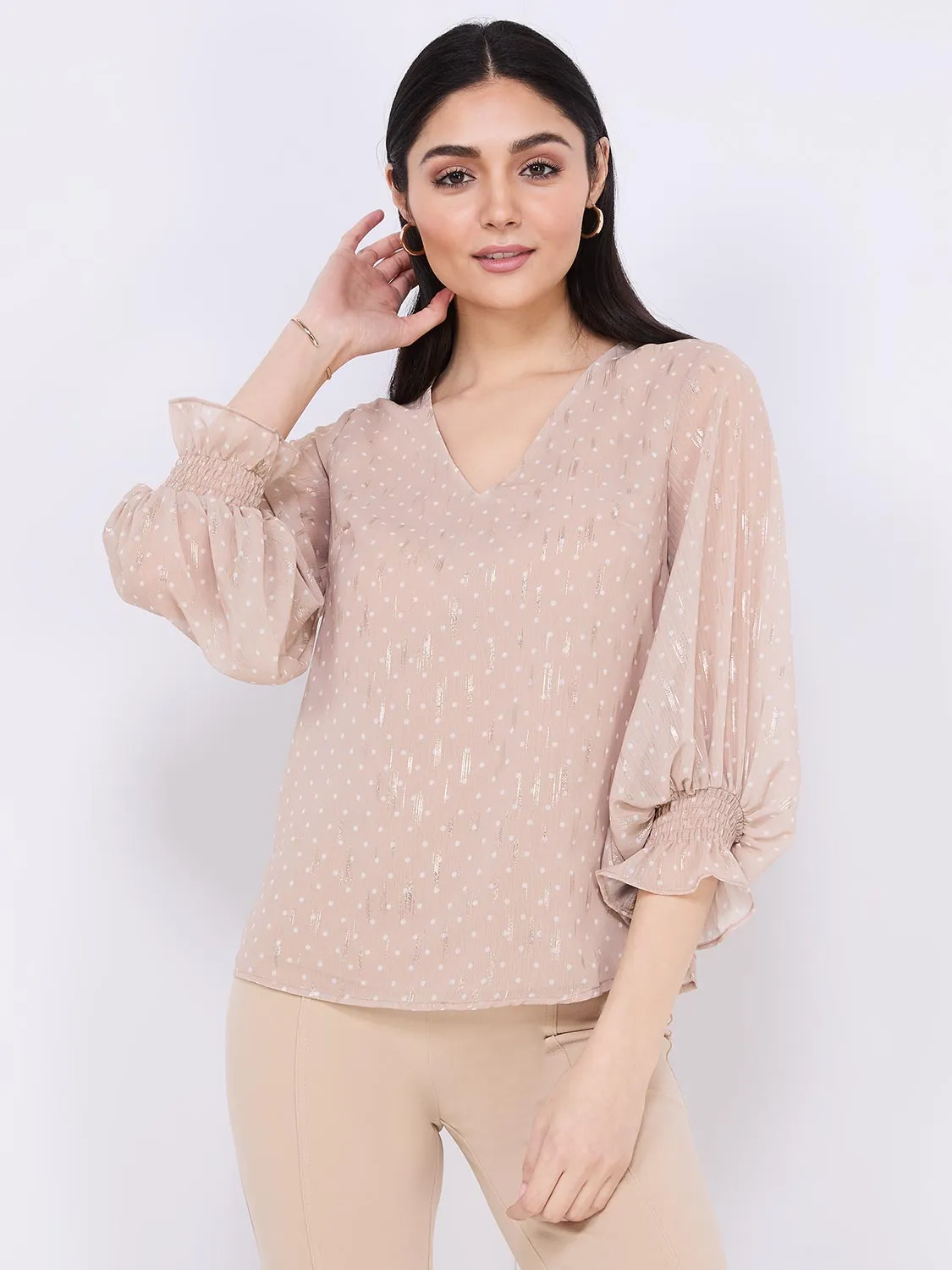 Dot Print Chiffon Popover Blouse