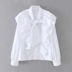 Elegant Bow Tie Collar Ruffles White Blouse Women