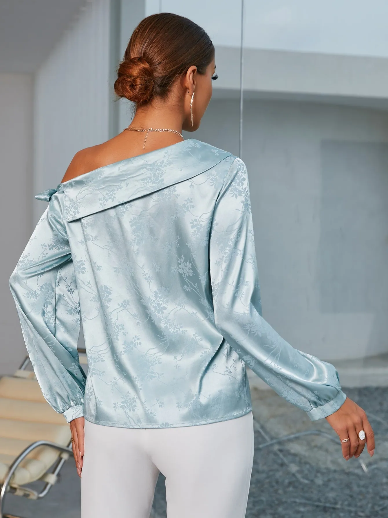 Elegant Plain Knot Long Sleeve Asymmetrical Neck Regular Blouse