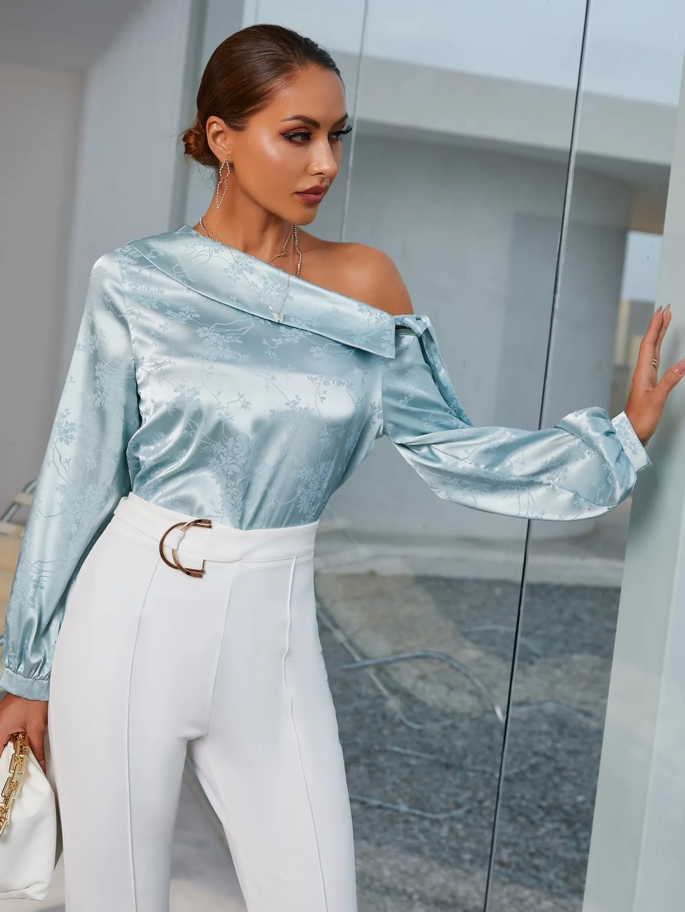 Elegant Plain Knot Long Sleeve Asymmetrical Neck Regular Blouse