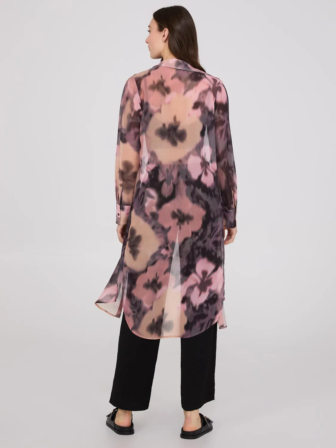 Floral Print Chiffon Button-Front Tunic Blouse