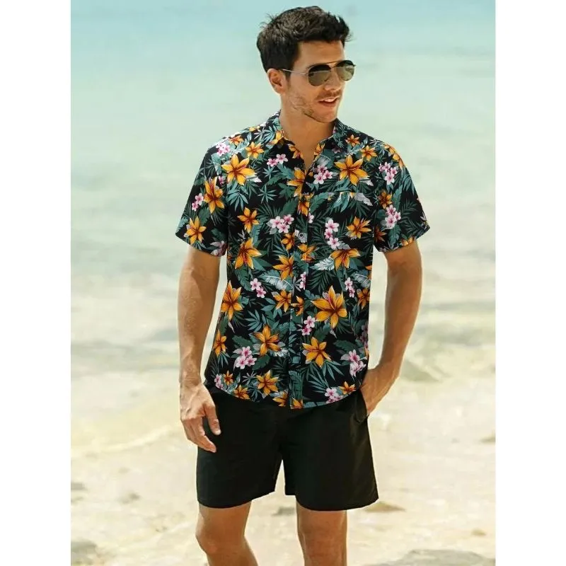 Funky Hawaiian Shirts with Pocket - BLACK/ORANGE