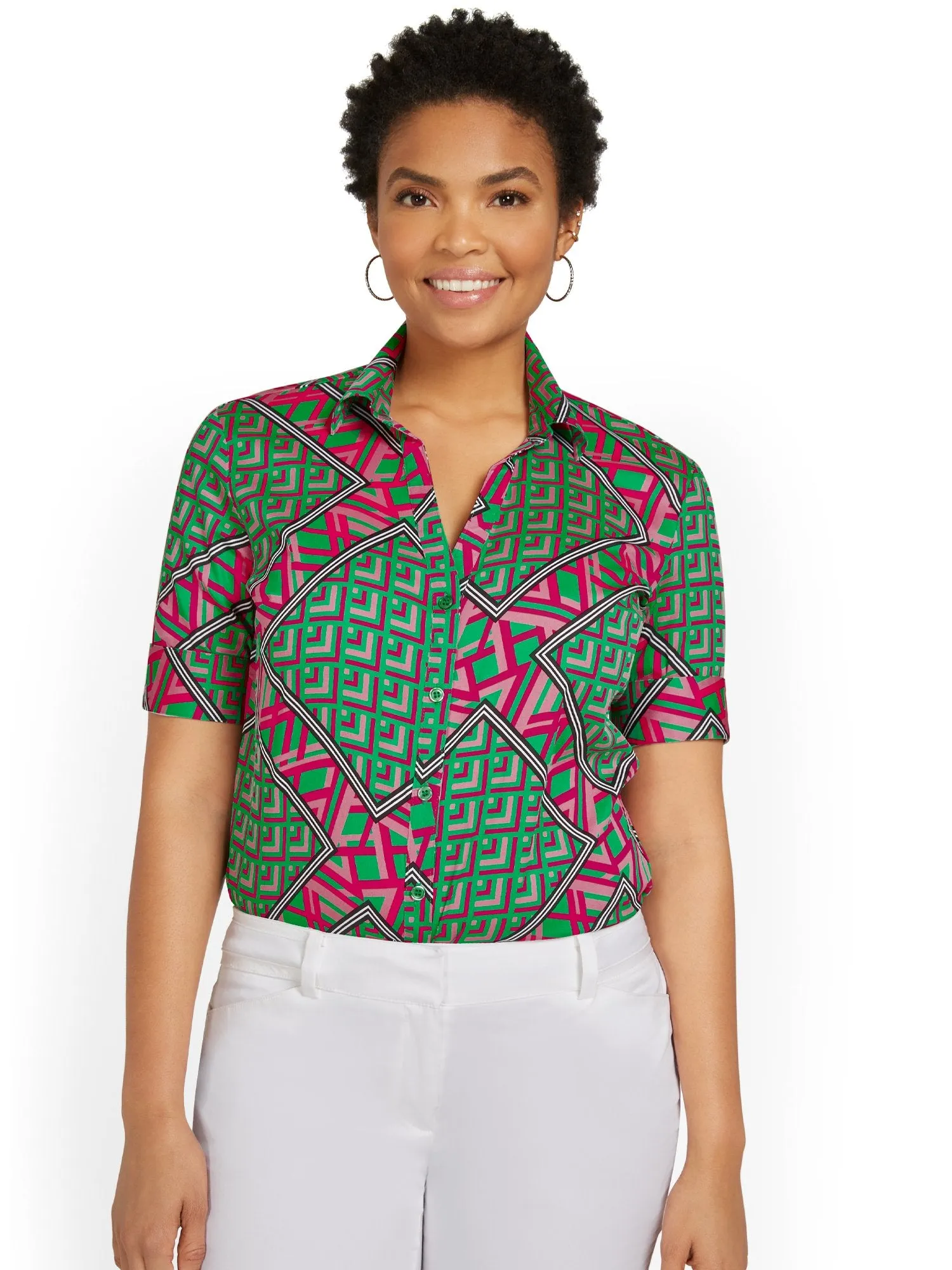 Geometric-Print Short-Sleeve Ruched Button-Front Secret Snap - NY&C Madison Shirt®