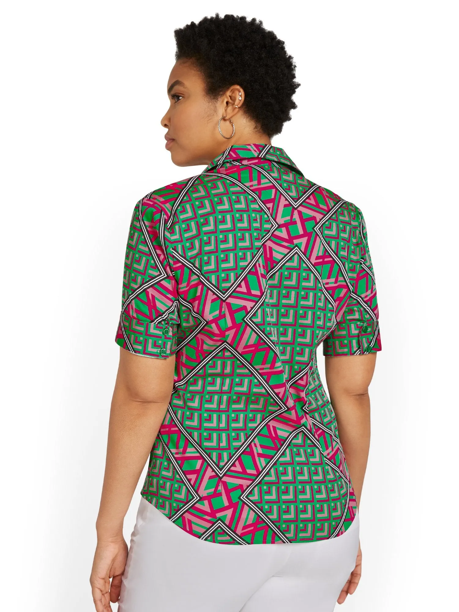 Geometric-Print Short-Sleeve Ruched Button-Front Secret Snap - NY&C Madison Shirt®