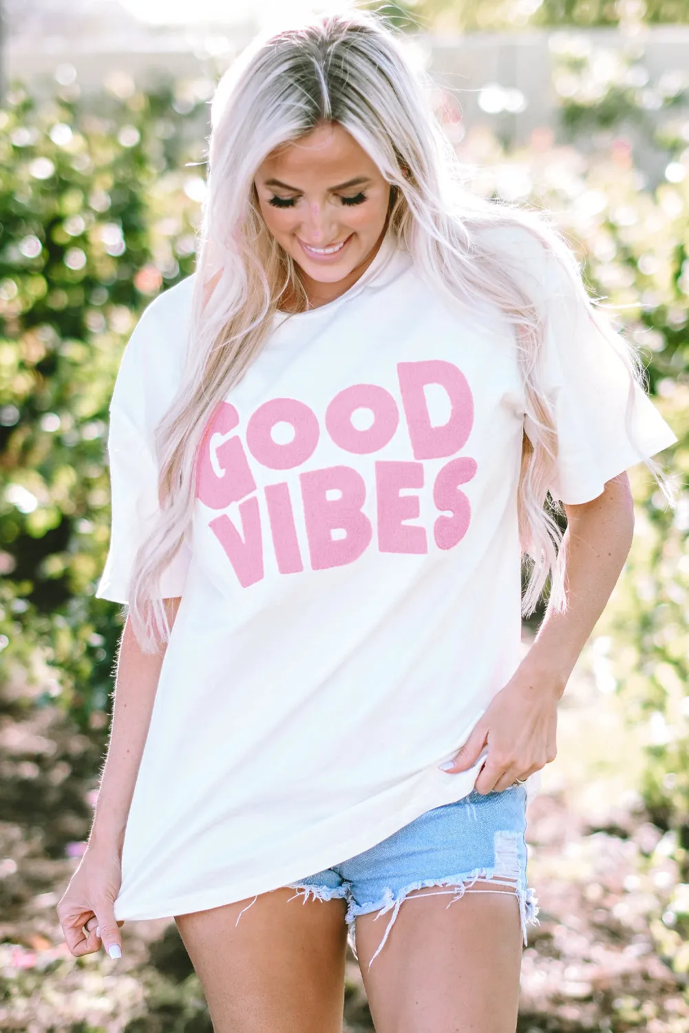 GOOD VIBES Chenille Embroidered Crewneck Tee