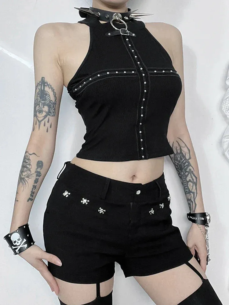 Gothic Sexy Punk Knit Bodycon Summer Darkness Harajuku Sleeveless Halter Crop Top