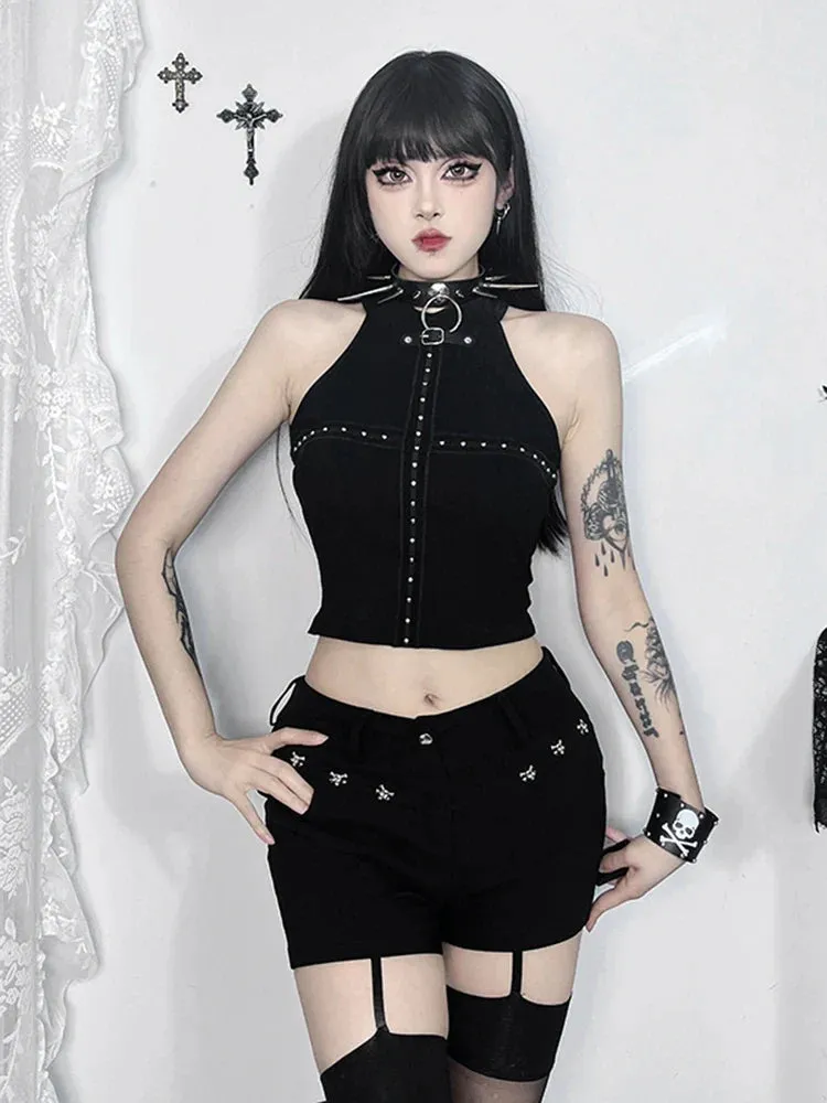 Gothic Sexy Punk Knit Bodycon Summer Darkness Harajuku Sleeveless Halter Crop Top