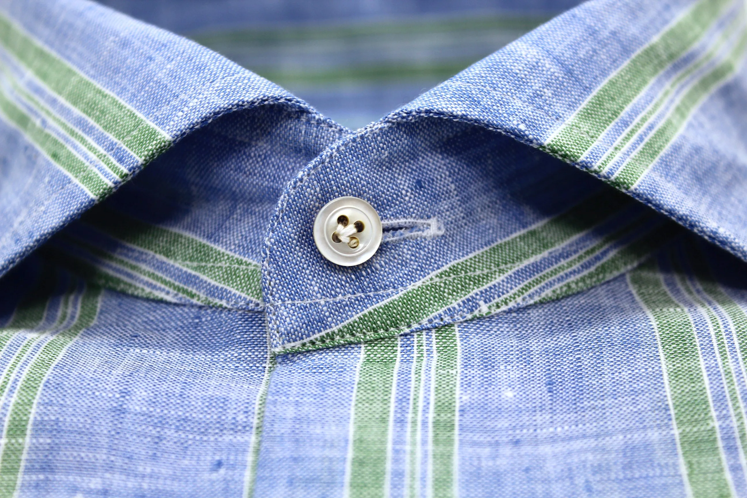 Hand Finished Sky With Lime Striped Italian Linen Sport Shirt