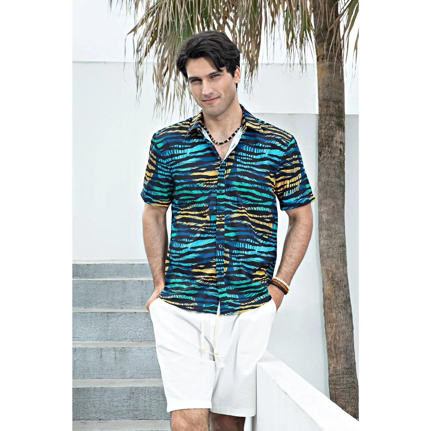 Hawaiian Tropical Shirts with Pocket - BLACK/BLUE