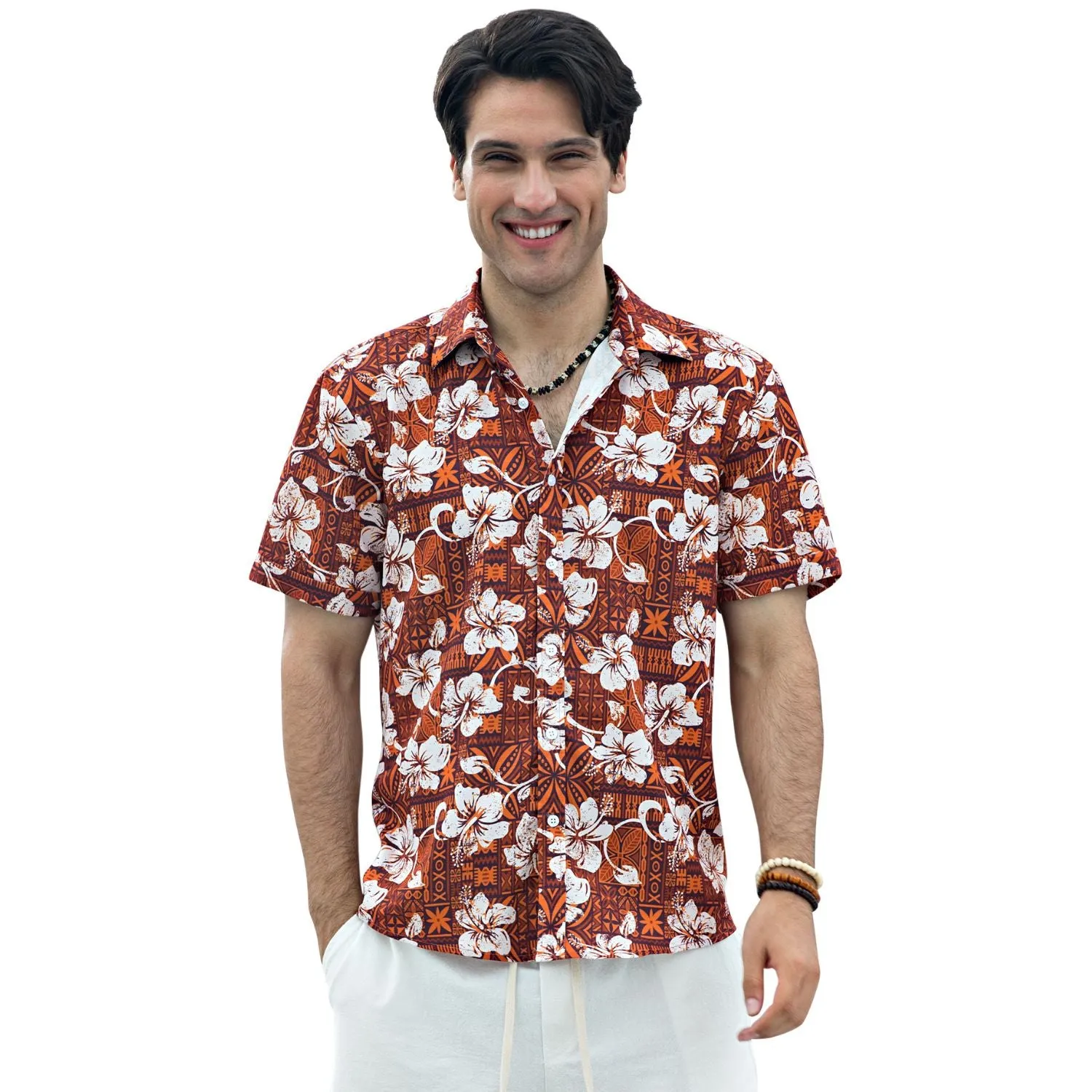 Hawaiian Tropical Shirts with Pocket - ORANGE/WHITE