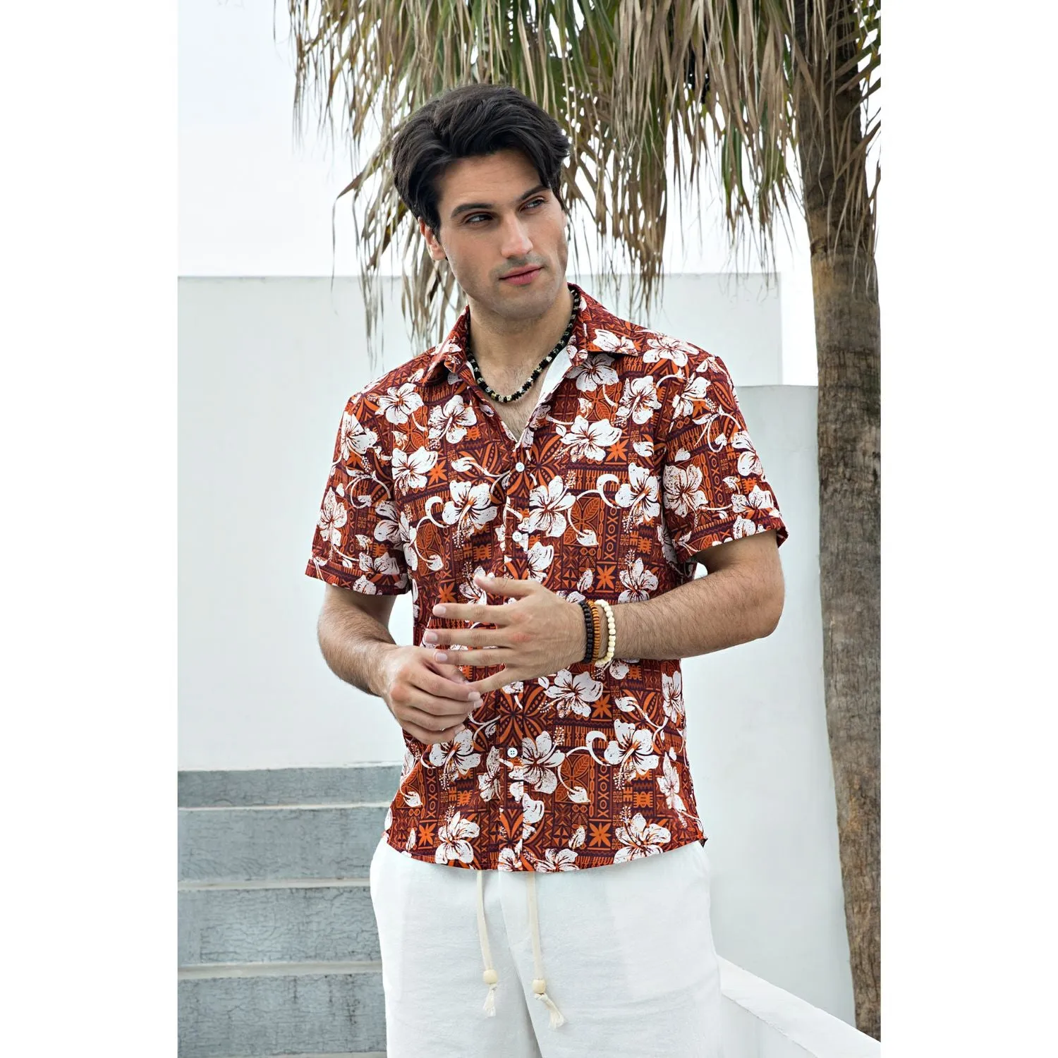 Hawaiian Tropical Shirts with Pocket - ORANGE/WHITE