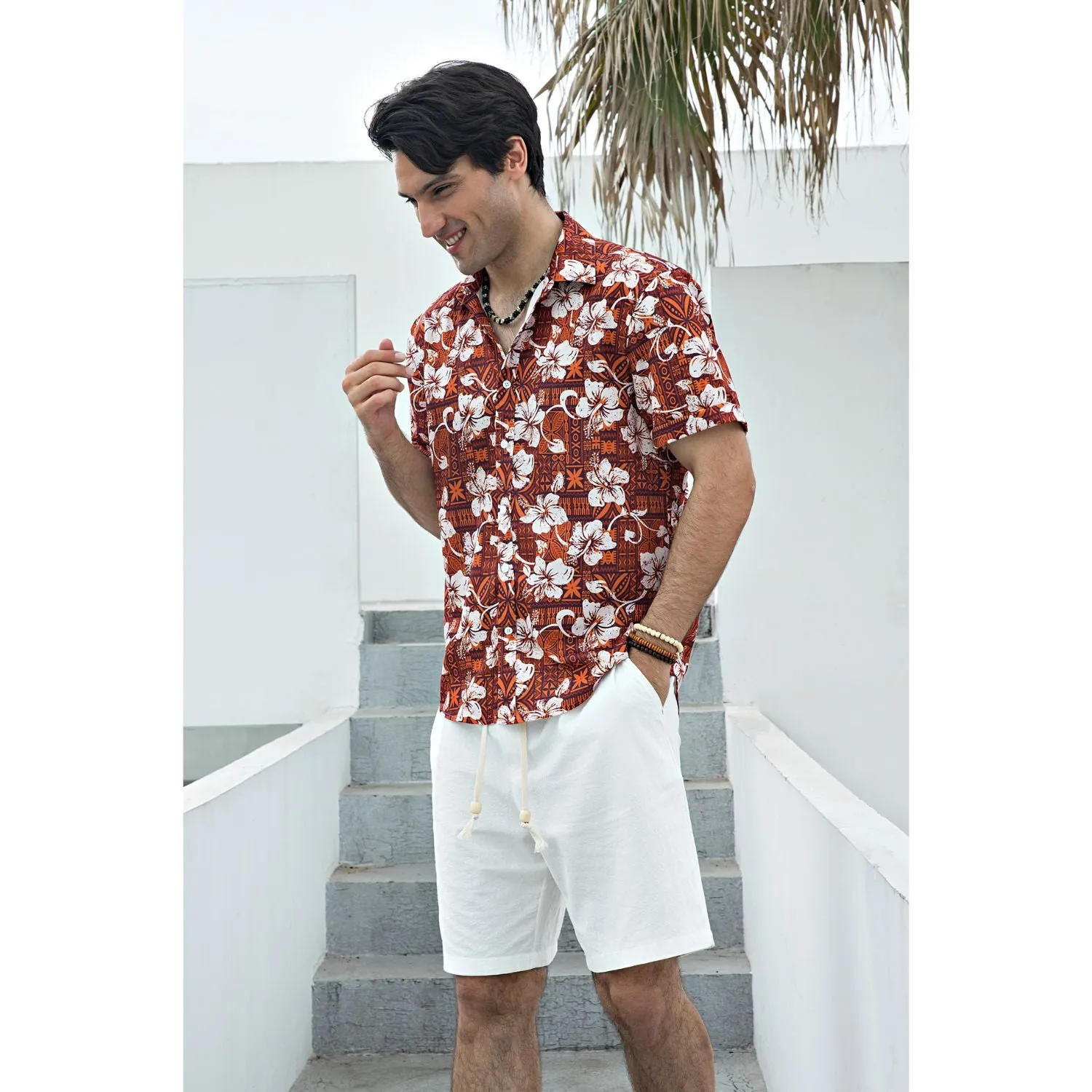 Hawaiian Tropical Shirts with Pocket - ORANGE/WHITE