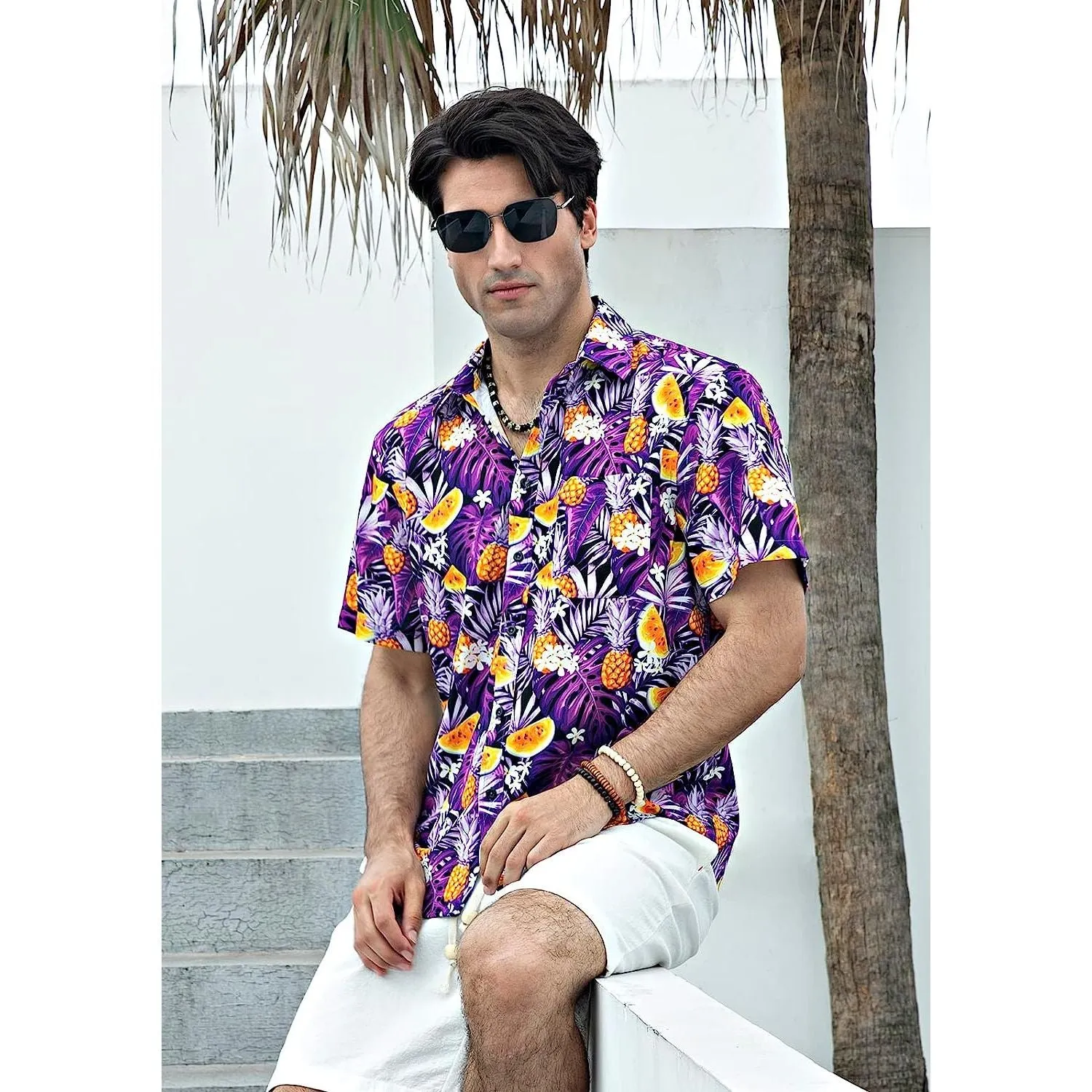 Hawaiian Tropical Shirts with Pocket - Z2-PURPLE