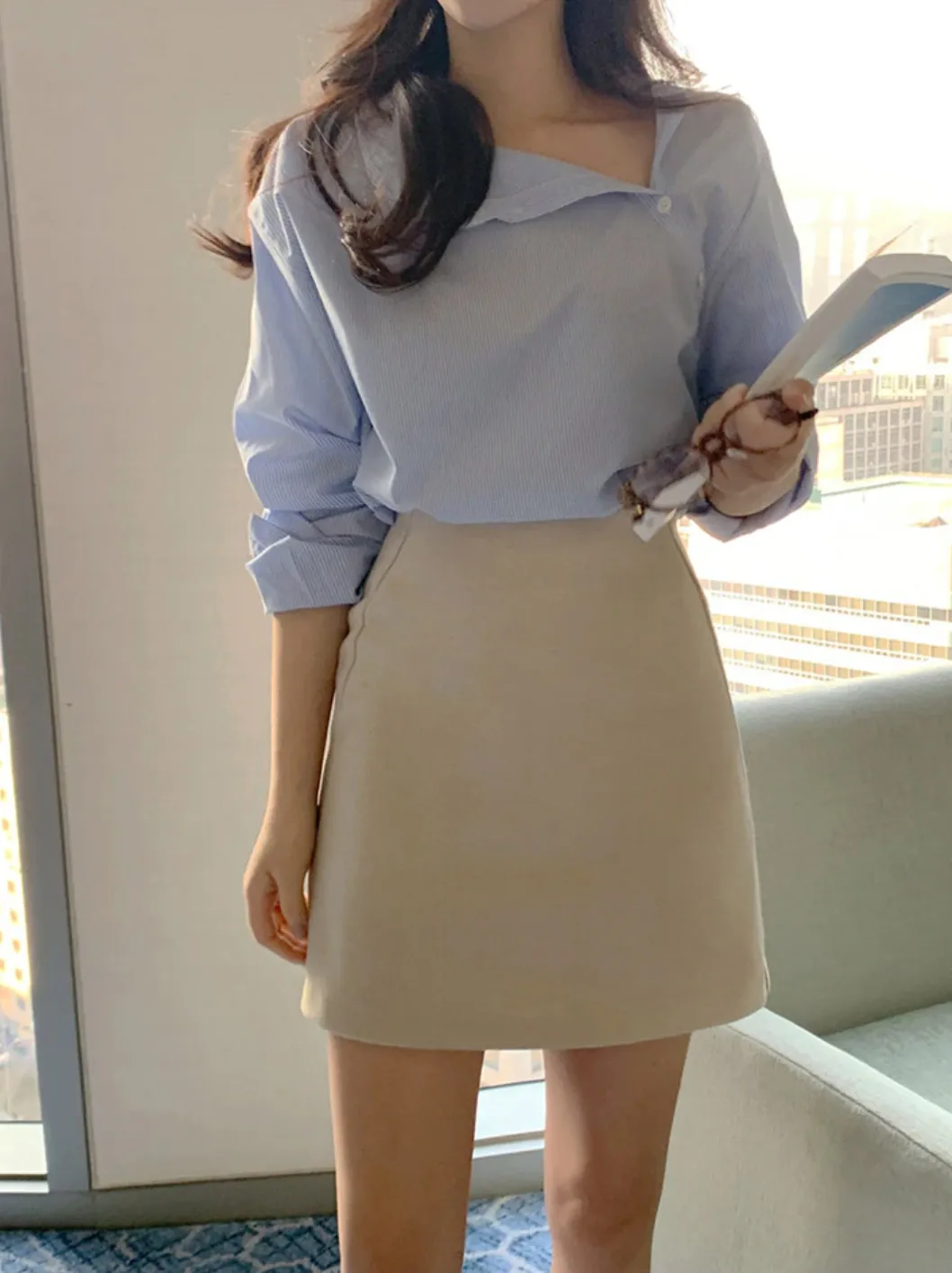 [Korean Style] Asymmetrical Collar Long Sleeve Striped Blouse