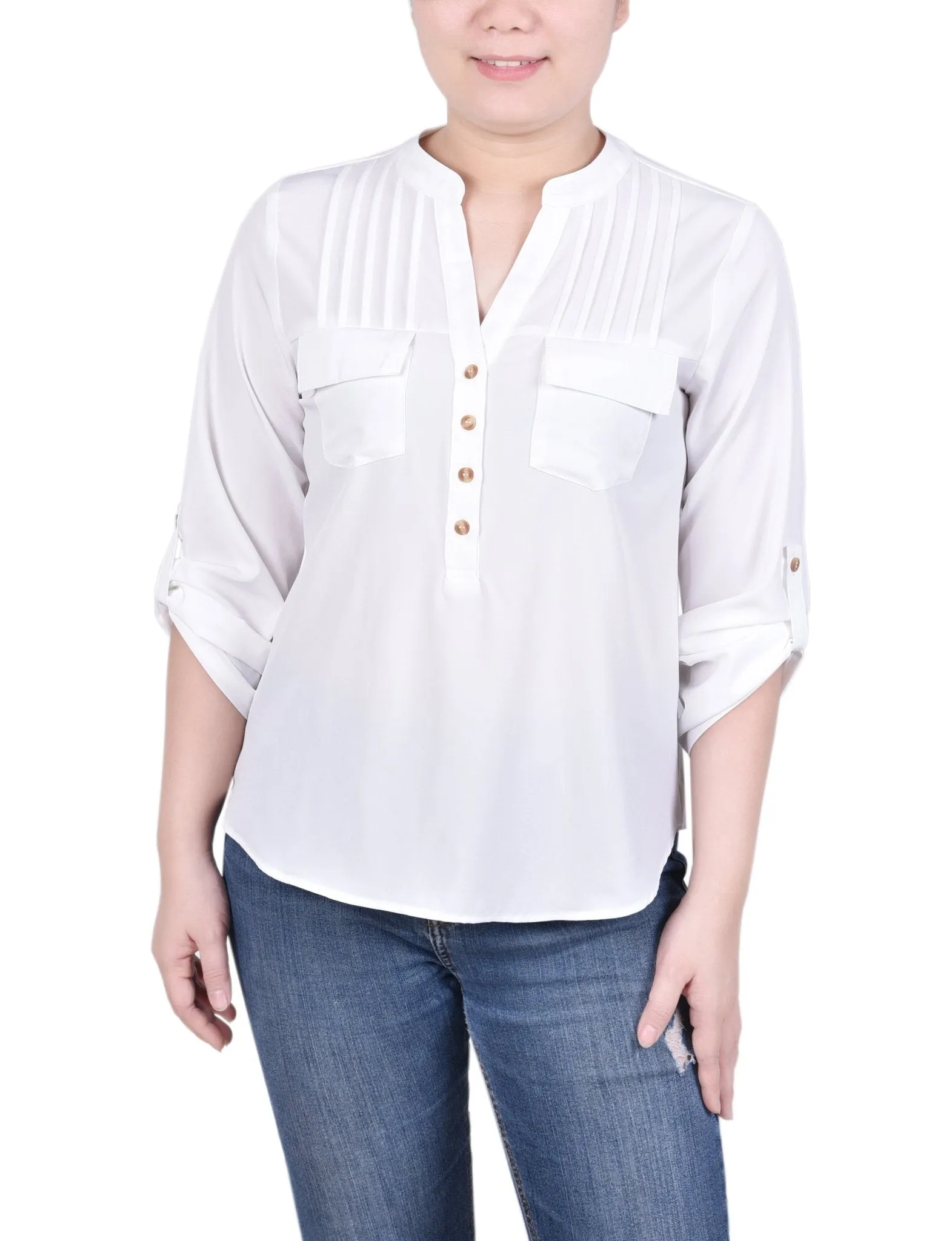 Long Tab-Sleeve Blouse With Pockets - Petite