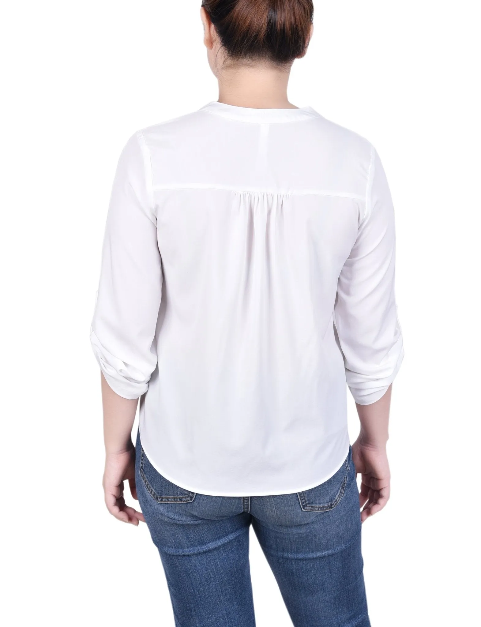 Long Tab-Sleeve Blouse With Pockets - Petite