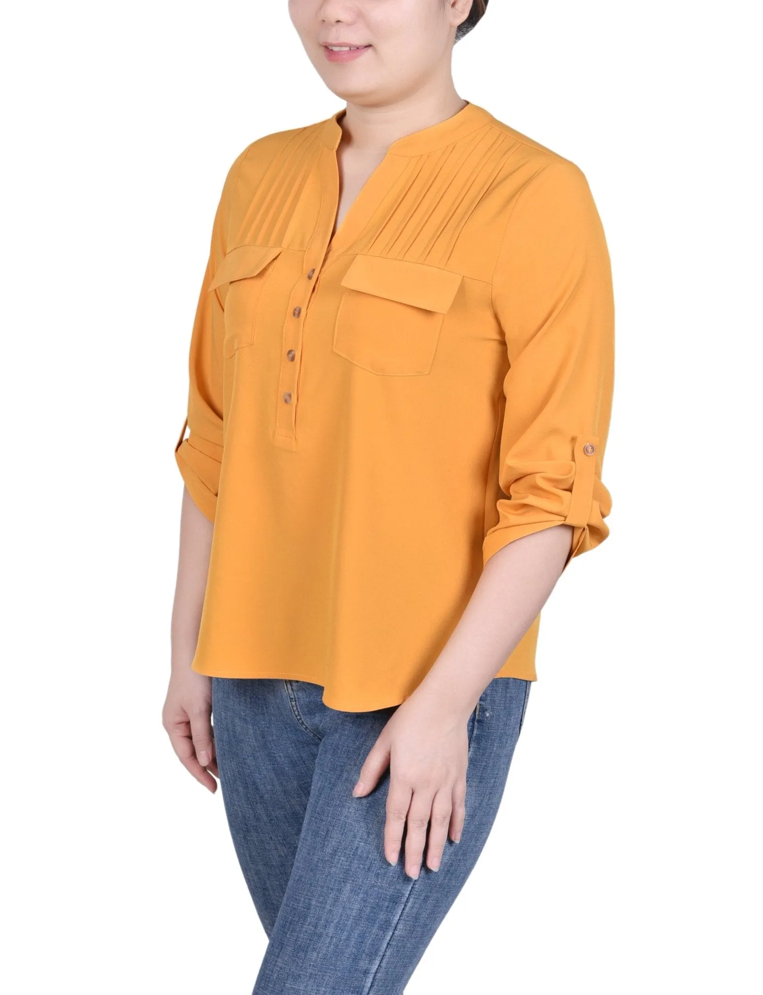 Long Tab-Sleeve Blouse With Pockets - Petite