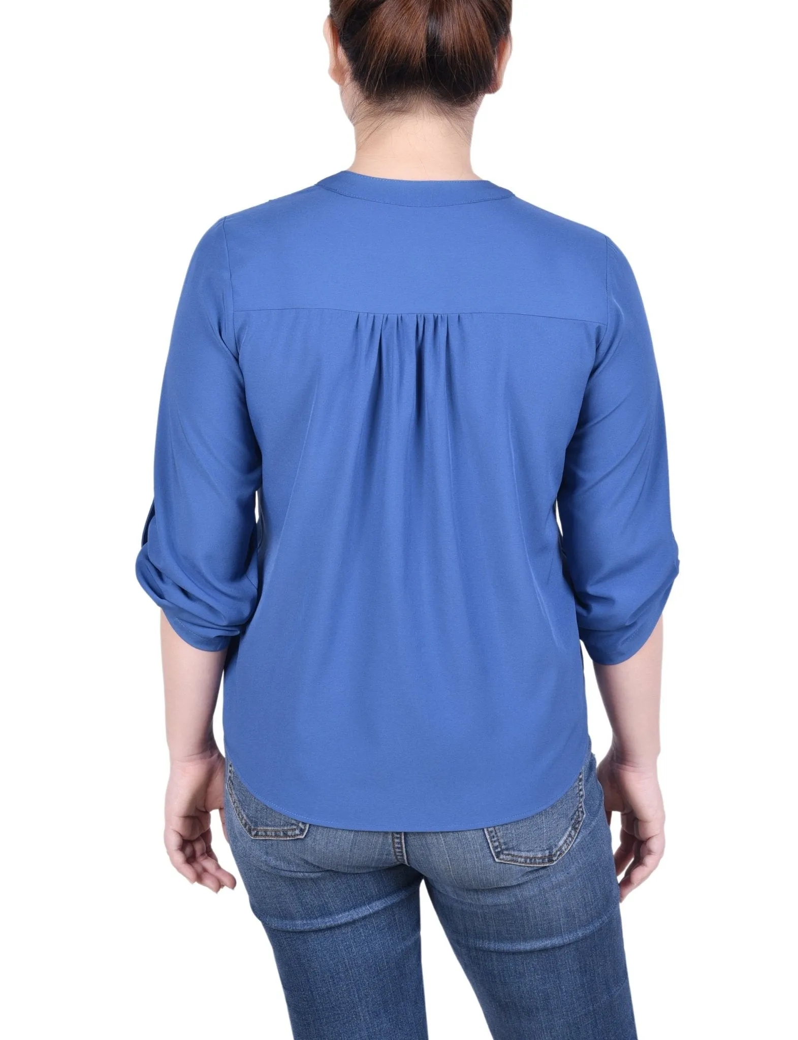 Long Tab-Sleeve Blouse With Pockets - Petite