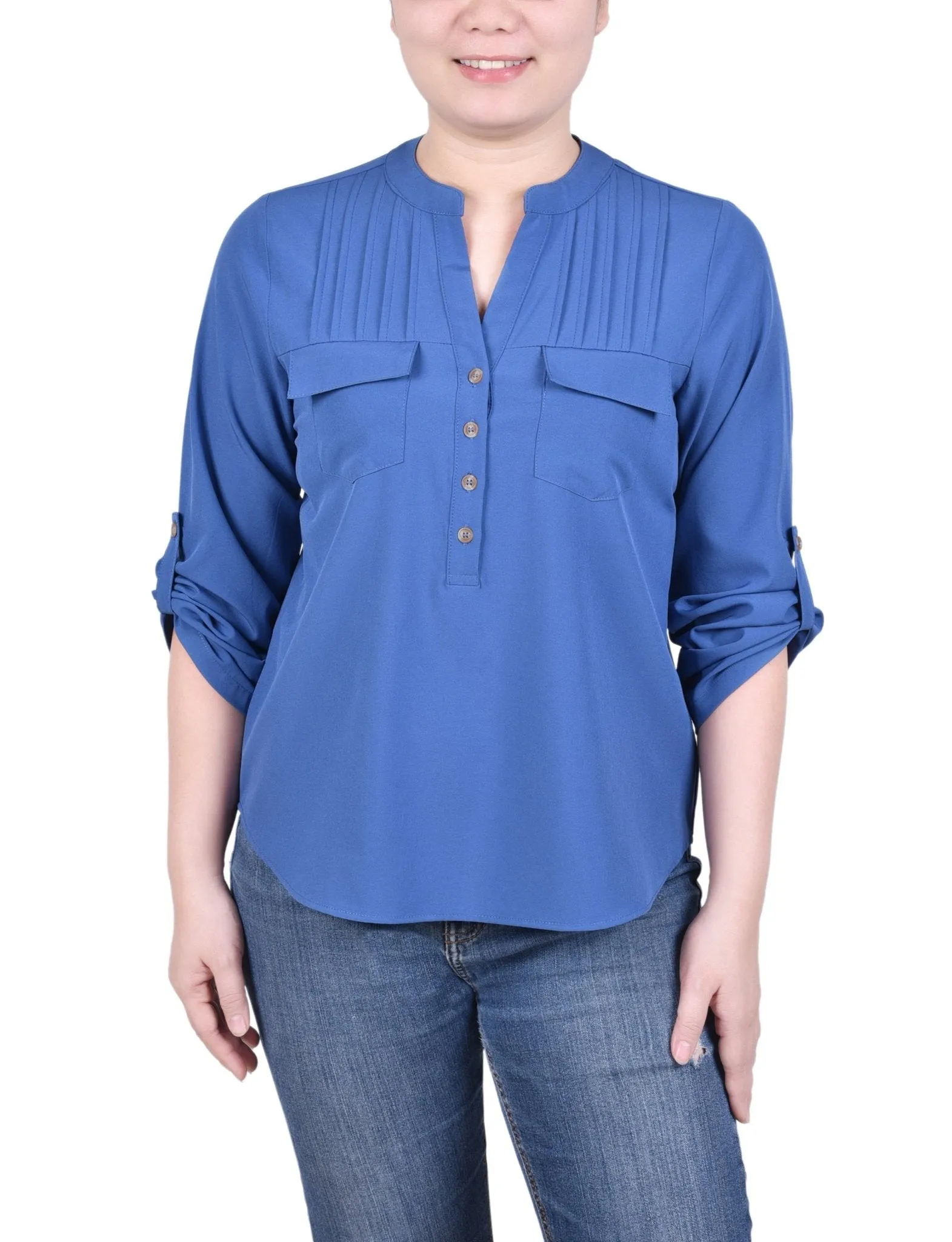 Long Tab-Sleeve Blouse With Pockets - Petite