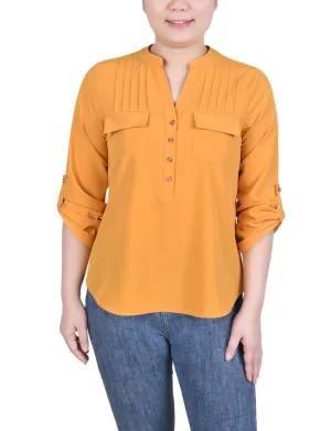 Long Tab-Sleeve Blouse With Pockets - Petite