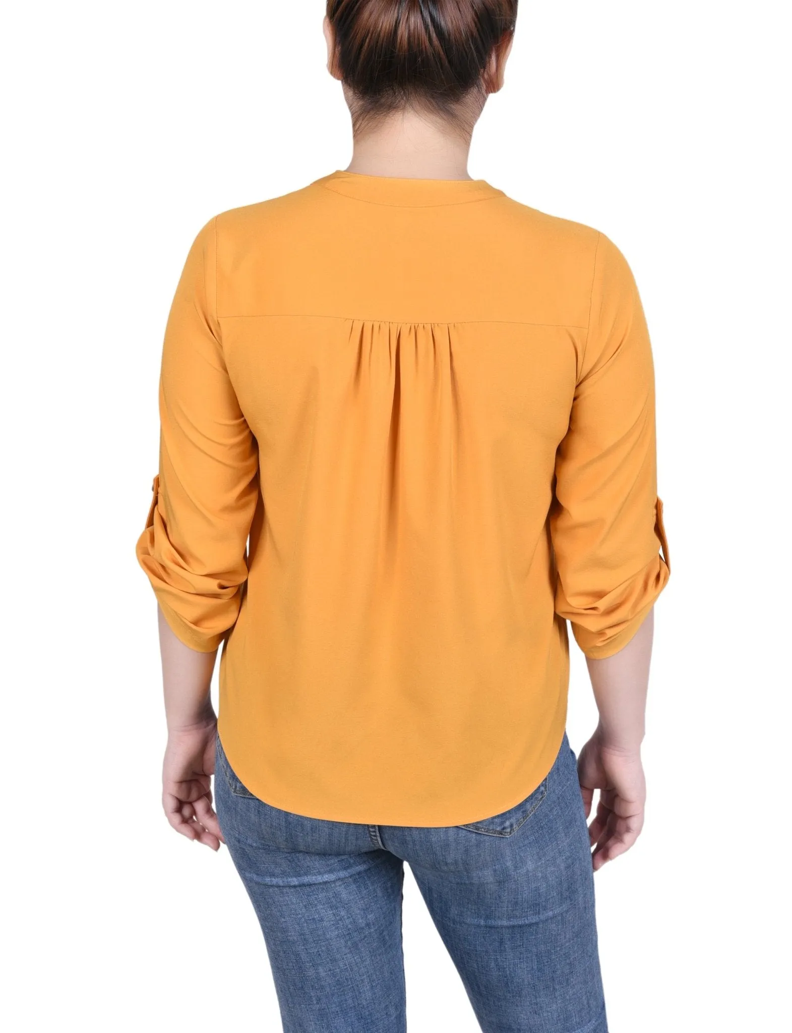 Long Tab-Sleeve Blouse With Pockets - Petite