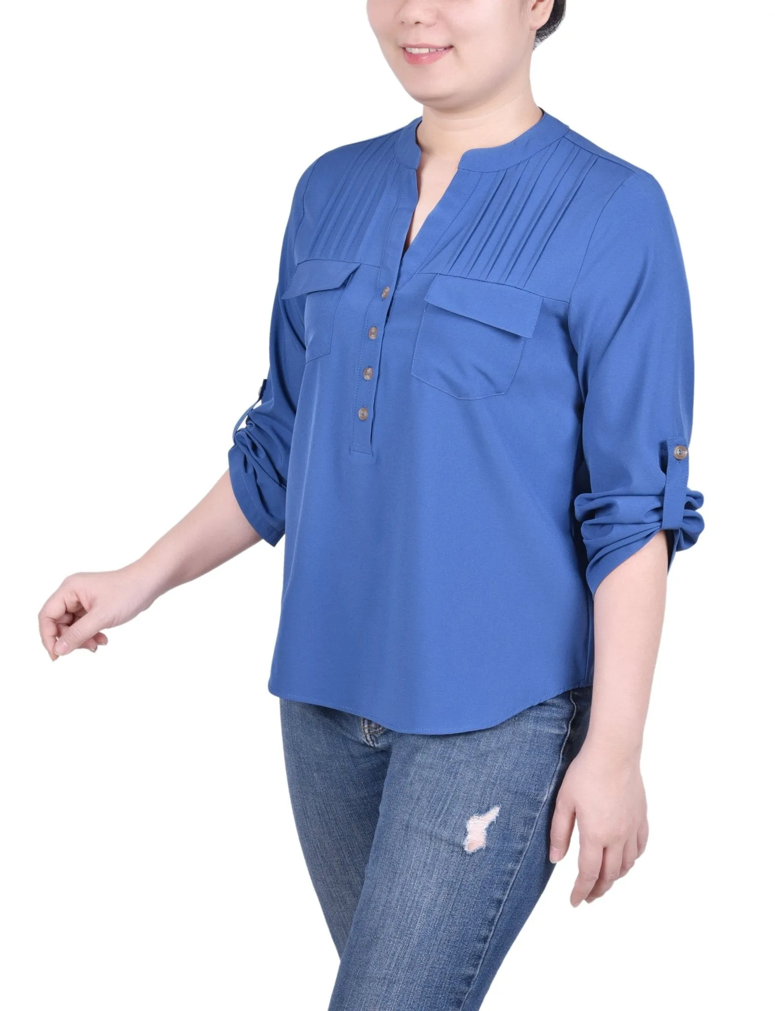 Long Tab-Sleeve Blouse With Pockets - Petite