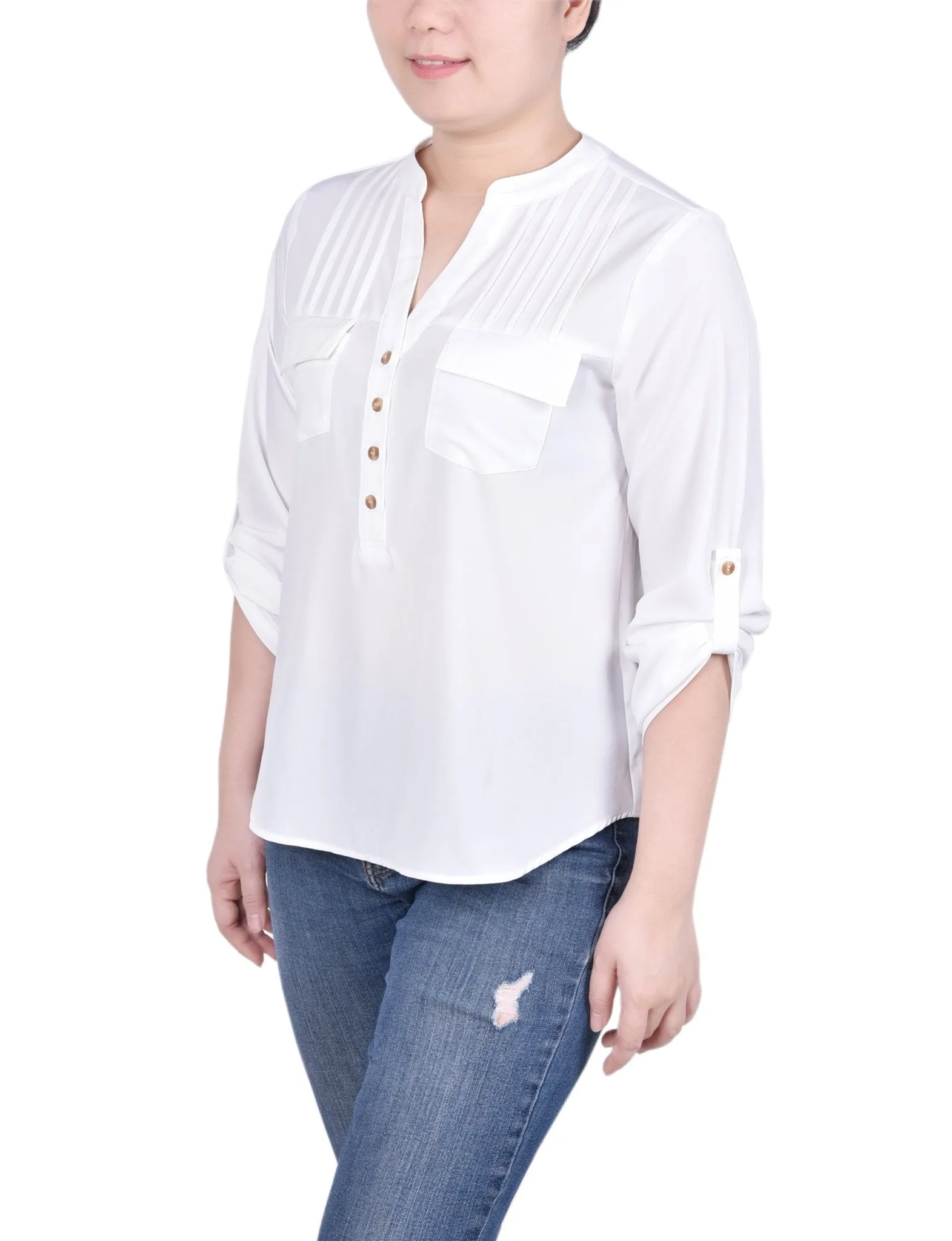 Long Tab-Sleeve Blouse With Pockets - Petite