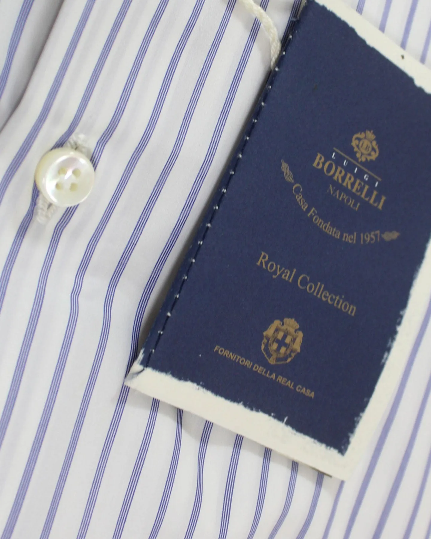 Luigi Borrelli Dress Shirt White Navy Quadruple Stripes Design 43 - 17 Royal Collection SALE